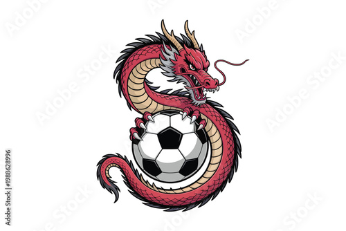 A vibrant red dragon fiercely guards a black and white soccer ball coiled in a dynamic pose on transparent background.