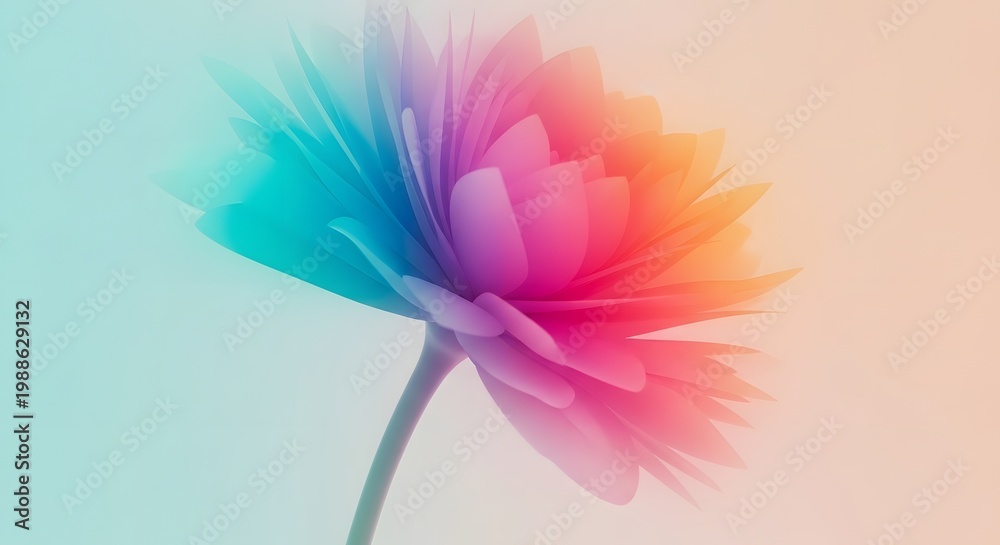 Obraz premium 3D render of a blooming chrysanthemum flower with pastel gradients. Soft spring aesthetics for web design. Vibrant floral head floating on a warm sunlit background