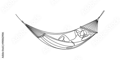 A black and white line art illustration of a person relaxing comfortably in a hanging hammock.