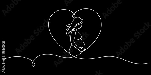 Continuous line drawing of a pregnant woman inside a heart symbol representing motherly love