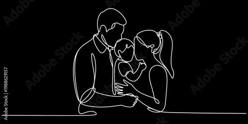 Minimalist single line art illustration of a loving family holding their small child together.