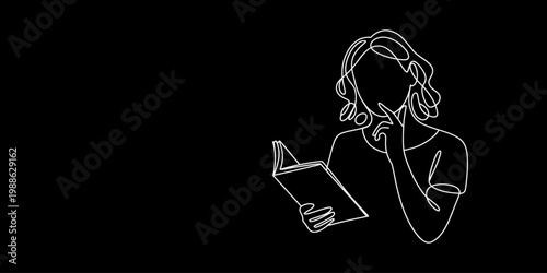 Continuous line drawing of a pensive woman reading an open book with her hand on her chin