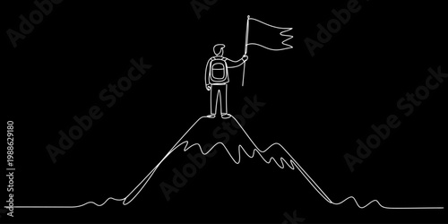 Continuous line drawing of a hiker with a backpack standing on a mountain summit holding a flag