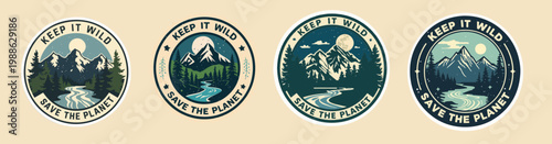 A vintage-style adventure badge sticker. The central illustration shows a mountain range with a clear river and a full moon, encircled by pine branches.