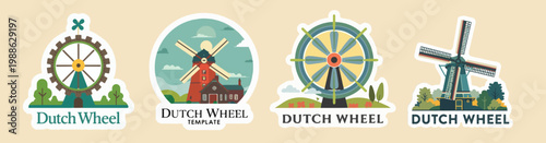 Vector template sticker featuring a traditional Dutch wheel in a simple flat design style with bold lines and minimal details