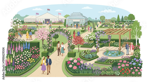 Illustration of a vibrant RHS Chelsea Flower Show garden exhibition in London with people strolling through a beautiful floral display and landscape design.