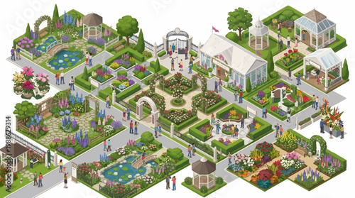 Illustration of a vibrant RHS Chelsea Flower Show in London, showcasing various garden landscapes, floral designs, and horticulture displays.