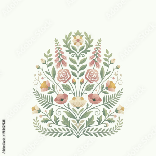 Vector illustration of a vibrant floral arrangement with blooming flowers, leaves, and stems in shades of pink, yellow, and green on a white background, inspired by the RHS Chelsea Flower