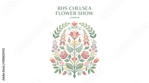 Illustration of a floral design for the RHS Chelsea Flower Show with blooming flowers and greenery on a white background.