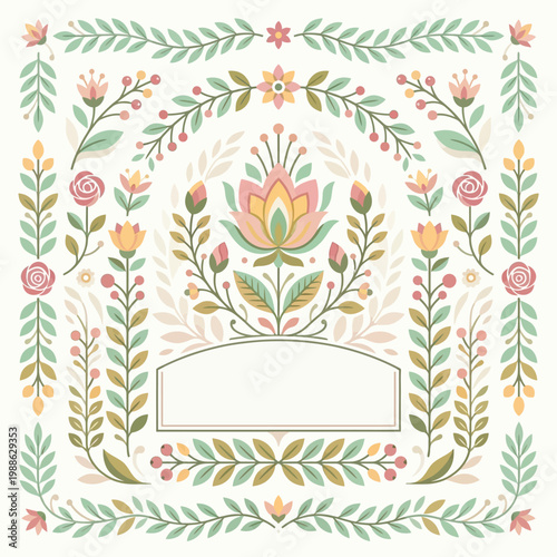 Vector illustration of a floral design showcase with blooming flowers, leaves and a blank text box, inspired by the RHS Chelsea Flower Show, featuring a garden landscape with colorful