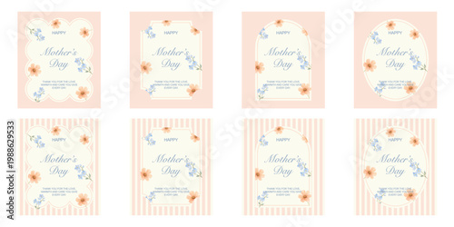 Set of pastel Mother’s Day greeting cards with floral decorations and elegant frames. Soft vintage style templates with striped and solid backgrounds, perfect for prints, invitations, and social media