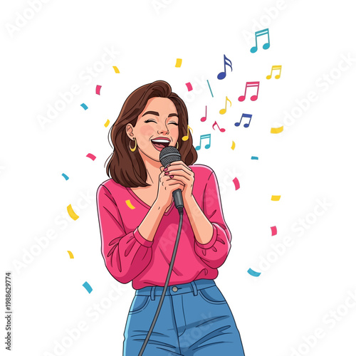 Woman singing with music notes and confetti.