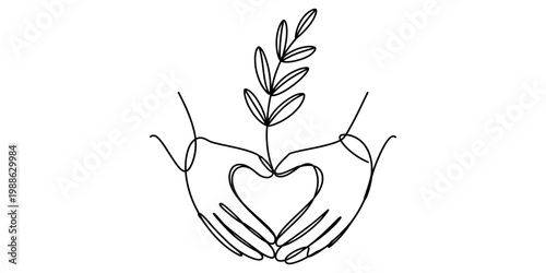 Minimalist continuous line drawing of hands cupping a growing plant in a heart shape formation
