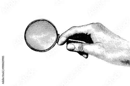 Monochromatic vector illustration of a hand holding a magnifying glass, featuring a halftone texture