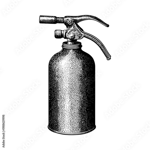 Fire extinguisher old fashioned spraying nozzle vintage engraving