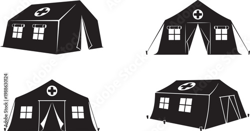 Two medical tents depicted in a stark black silhouette.Medical tents vector illustration.
