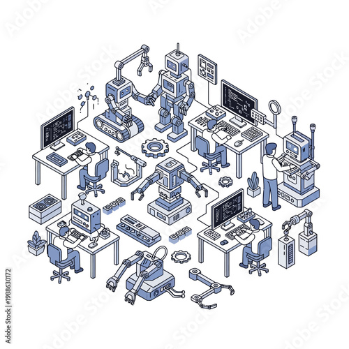 Robots Working At Industrial Factory.