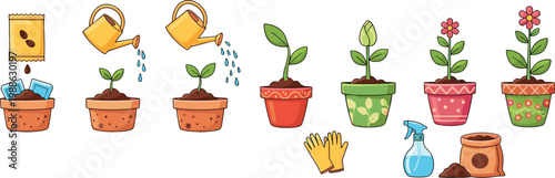 Plant growth stages set with seeds watering can flower pots and gardening tools isolated flat vector illustration collection.