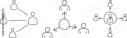 Working together doodle icon set, business teamwork collaboration line design, vector illustration. 