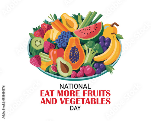 National Eat More Fruits and Vegetables Day poster vector illustration. Pile of healthy fresh fruits and vegetables drawing. Template for background, banner, card. May 21