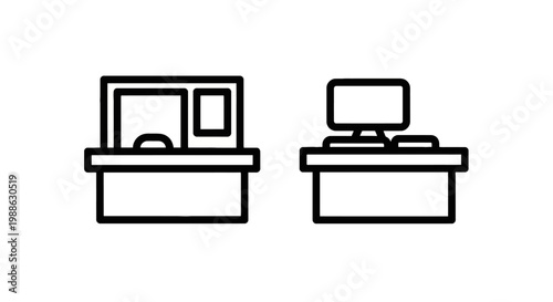 Service counter and computer desk icons representing customer service and office work with data entry help desk check in computer business reception