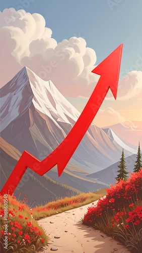 Red arrow pointing upward over a mountain path