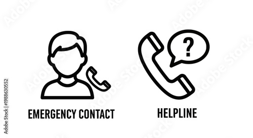 Emergency contact and helpline icons with emergency helpline assistance question information customer communication dialogue solution outreach