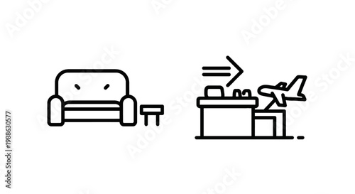 Airport check-in counter with airplane icon and waiting lounge sofa icon check in line art check-in airplane aircraft transportation departure
