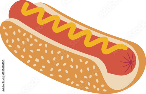 Classic hot dog vector illustration with mustard on sesame seed bun, isolated on white background for food