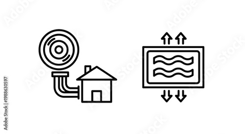 Home heating system icon with circular heat source connected to house and radiator icon with arrows indicating temperature control radiator temperature