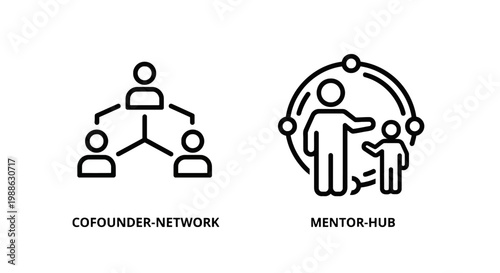 Co-founder network with connected people icons mentor hub with adult guiding child prot g networking business collaboration teamwork connection