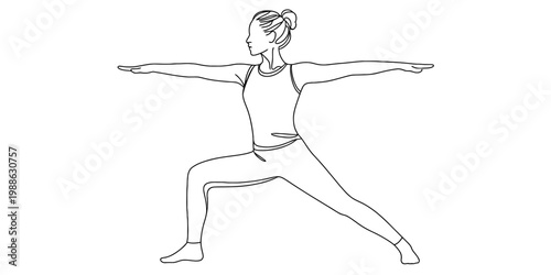 A minimalist black and white line drawing of a woman performing the warrior two yoga posture.
