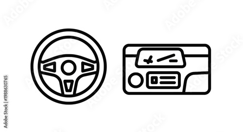 Car steering wheel and dashboard icons with fuel gauge dashboard automobile transport controls instrument navigation speedometer tachometer operator