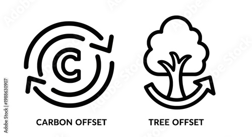 Carbon offset and tree offset icons with climate change circular economy eco friendly carbon footprint environment sustainability planting campaign