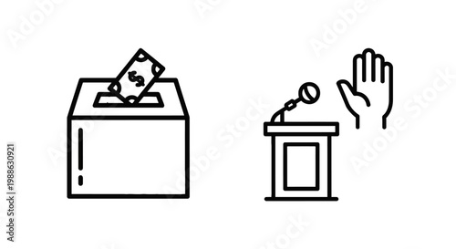 Icon representing voting with money in a ballot box and a podium with a raised hand indicating a speech or debate candidate speech voting booth voting day