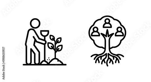 Icons depicting a person planting a seedling and a family tree with people icons genealogy icon growth icon human icon planting seedling genealogy