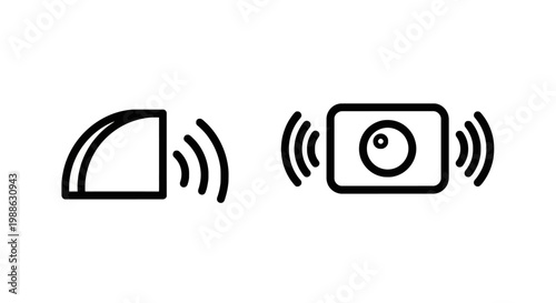 Smart home device icons: motion sensor and security camera with flat design technology wireless detection surveillance monitoring automation connected