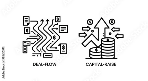 Deal flow and capital raise icons representing business transactions and financial growth with business flowchart transaction investment strategy