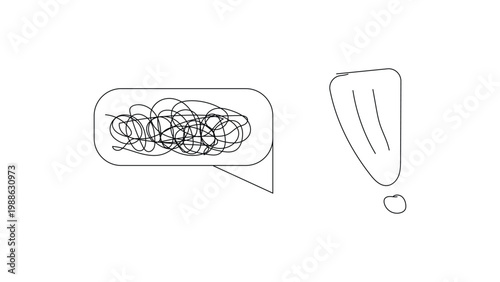 Speech bubble with scribble and exclamation mark on transparent background.