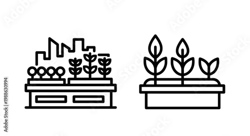 Urban farming and green plants icons with building agriculture sustainability cultivation vegetable container illustration minimalist vegetation