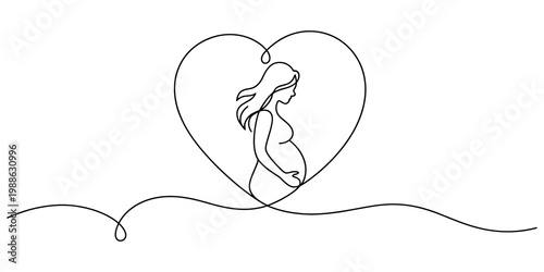 Continuous line drawing of a pregnant woman inside a heart symbol representing motherly love