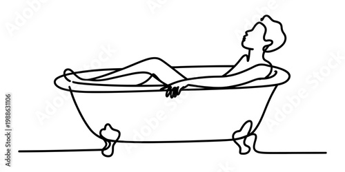 A minimalist single line drawing of a person relaxing in a classic clawfoot bathtub at home