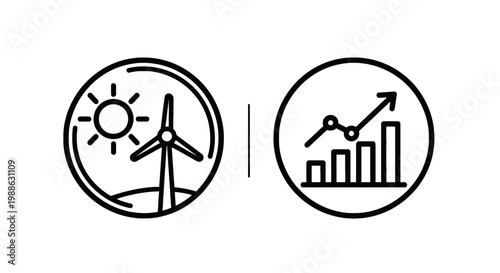 Sustainable energy and business growth icons featuring a wind turbine with sun and an upward trend bar chart representing eco-friendly development, renewable