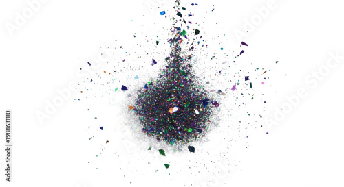 macro, ultra-close-up photo of a chaotic burst of hyperdetailed iridescent sapphire, ruby, and emerald glitter flakes against a transparent background. concept of abstract kinetic energy