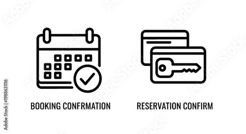 Booking confirmation calendar and reservation confirm key card icons for travel hospitality management and secure guest access systems with check