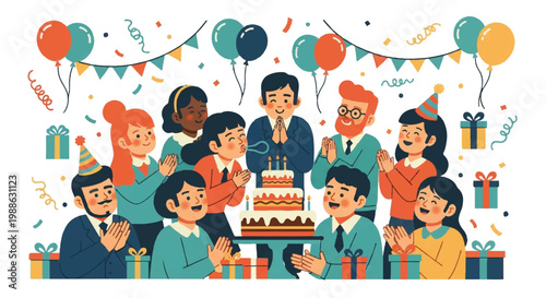Celebration of a joyous occasion with group of people balloons and gifts
