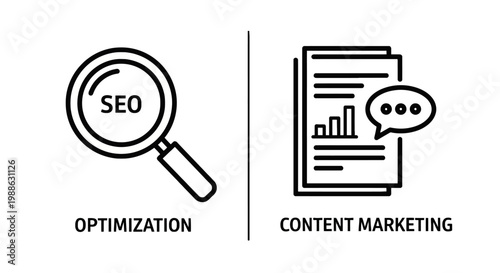 Seo optimization and content marketing business icon set featuring magnifying glass and document with speech bubble and bar charts optimization marketing