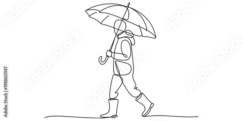Minimalist continuous line drawing of a person walking under an umbrella during a rainy day scene