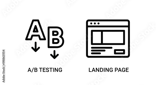 Digital marketing optimization icon set showing ab testing comparison and web landing page layout for conversion tracking with marketing, optimization