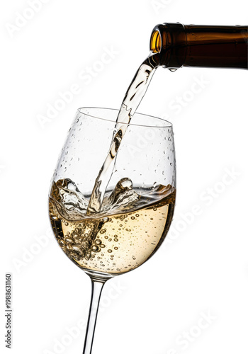 Extreme macro shot of crisp golden-white wine pouring into an elegant crystal glass, freezing a dramatic splash crown against a transparent studio background. Concept for beverage advertising